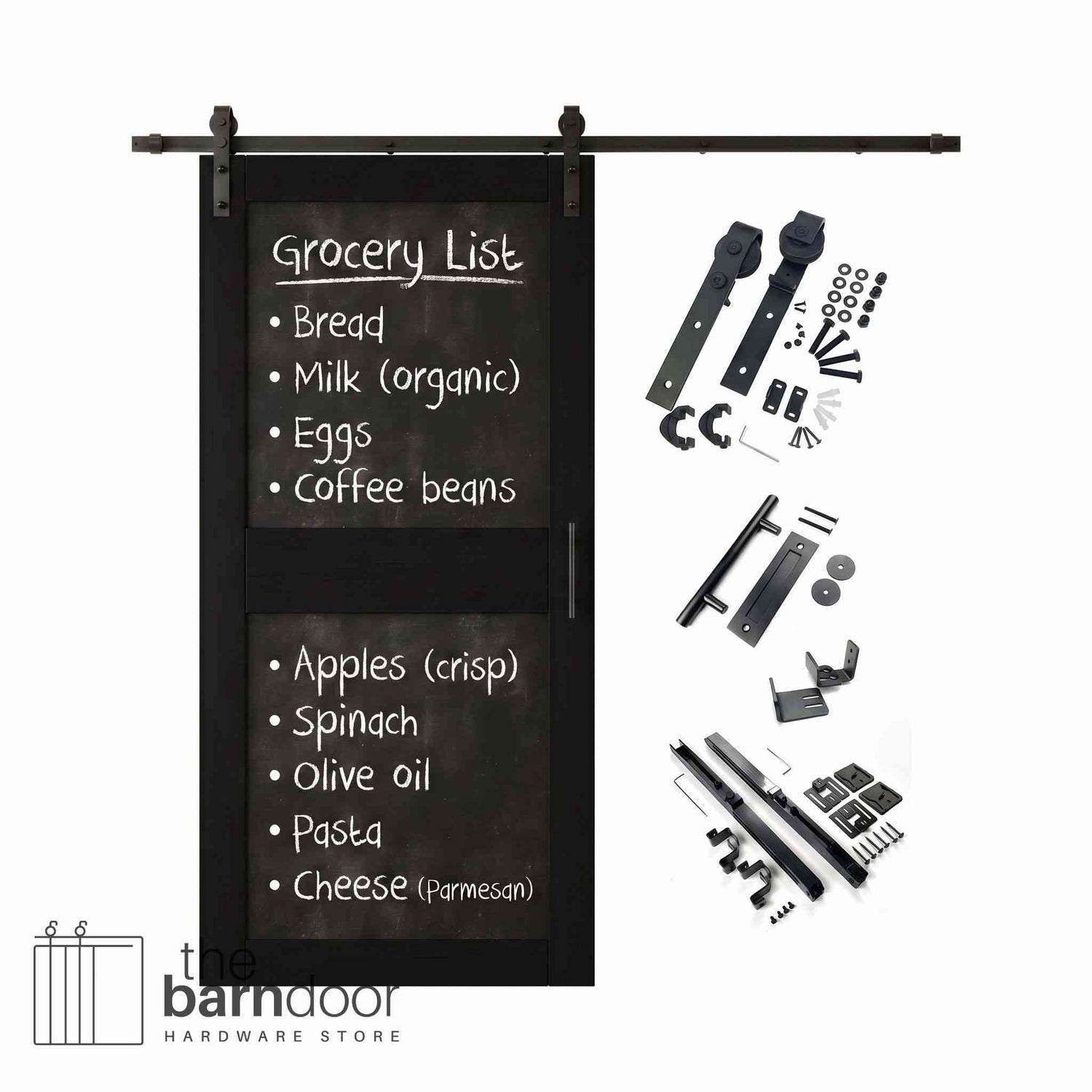 Black barn door kit with black chalkboard surface and hardware components on a white background
