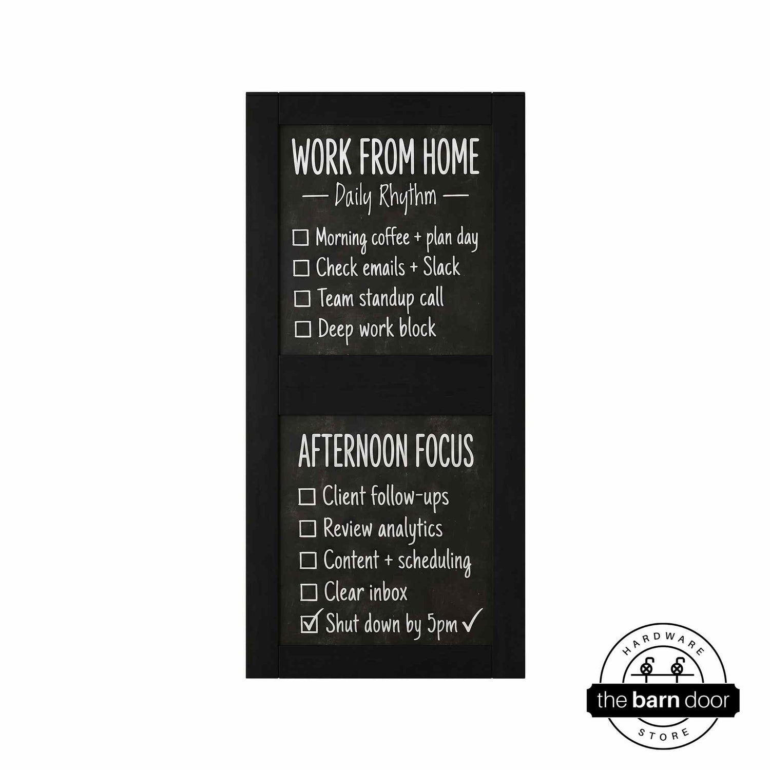 Front view of a vertical black chalkboard door with two panels.