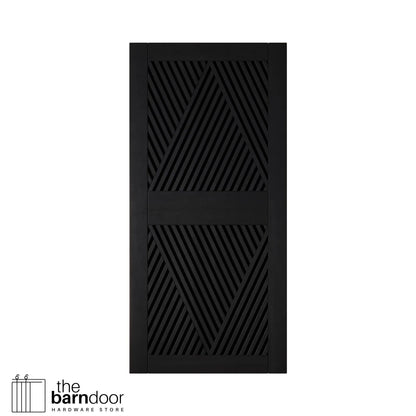 Close-up studio shot of a single black barn door panel featuring a striking slatted diamond geometric pattern.