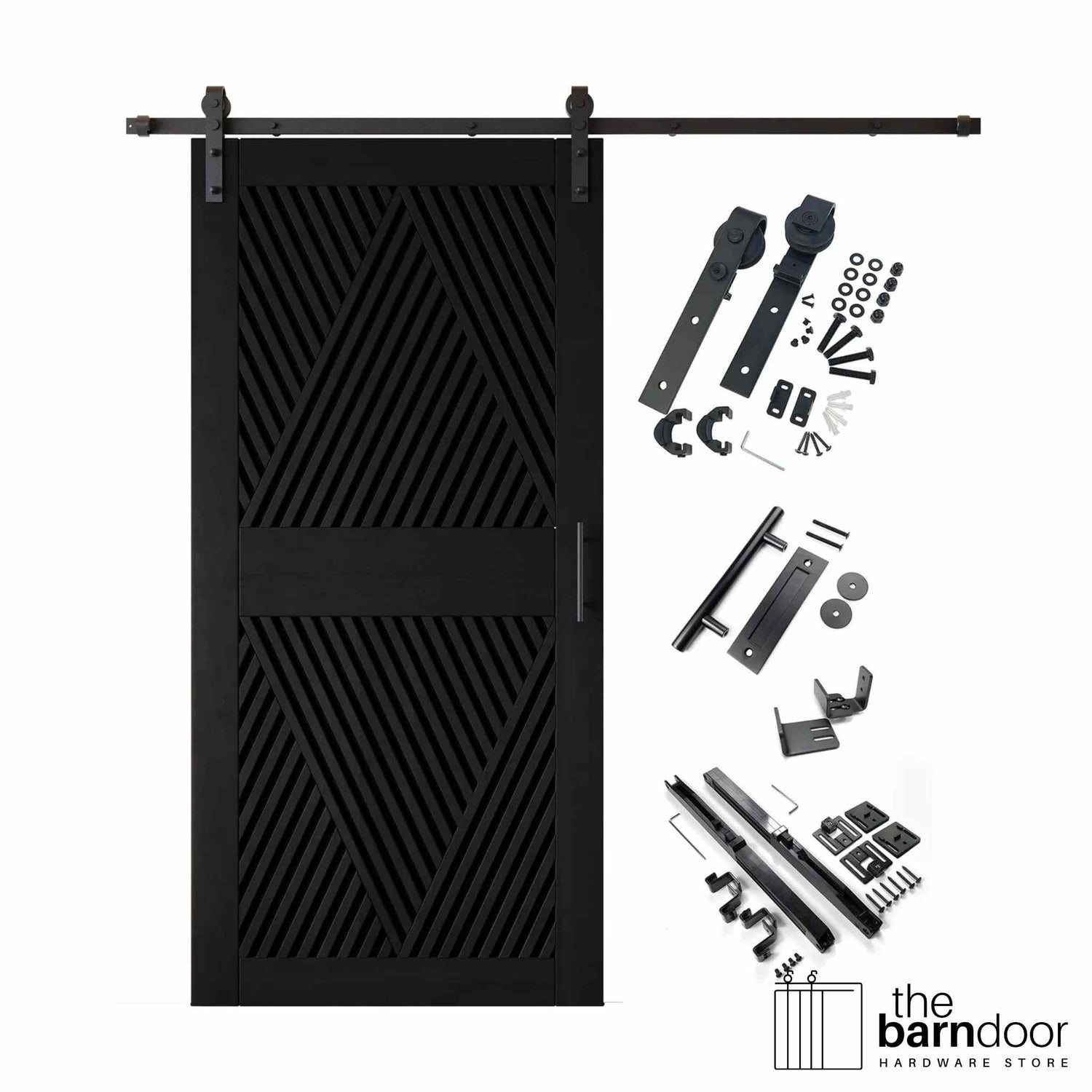A complete barn door hardware kit featuring a striking black barn door with an intricate, open diamond slat pattern, black sliding track, rollers, handle, and all mounting components displayed next to the door.