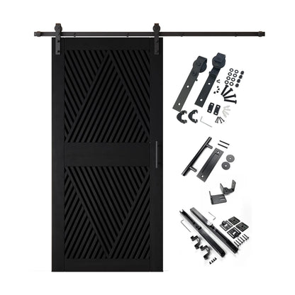 A complete barn door hardware kit featuring a striking black barn door with an intricate, open diamond slat pattern, black sliding track, rollers, handle, and all mounting components displayed next to the door.