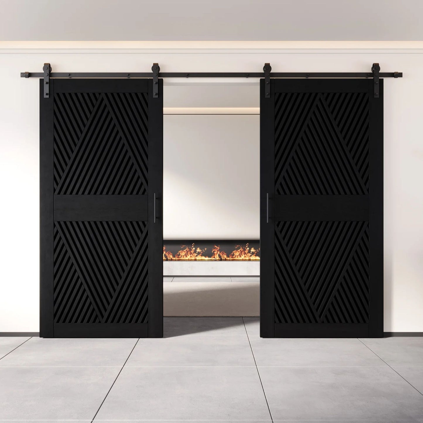 Two fully closed double barn doors in a black finish, featuring a bold, intricate diamond slat pattern. The doors are installed with black sliding hardware against a white wall, revealing a modern linear fireplace in the space behind them.