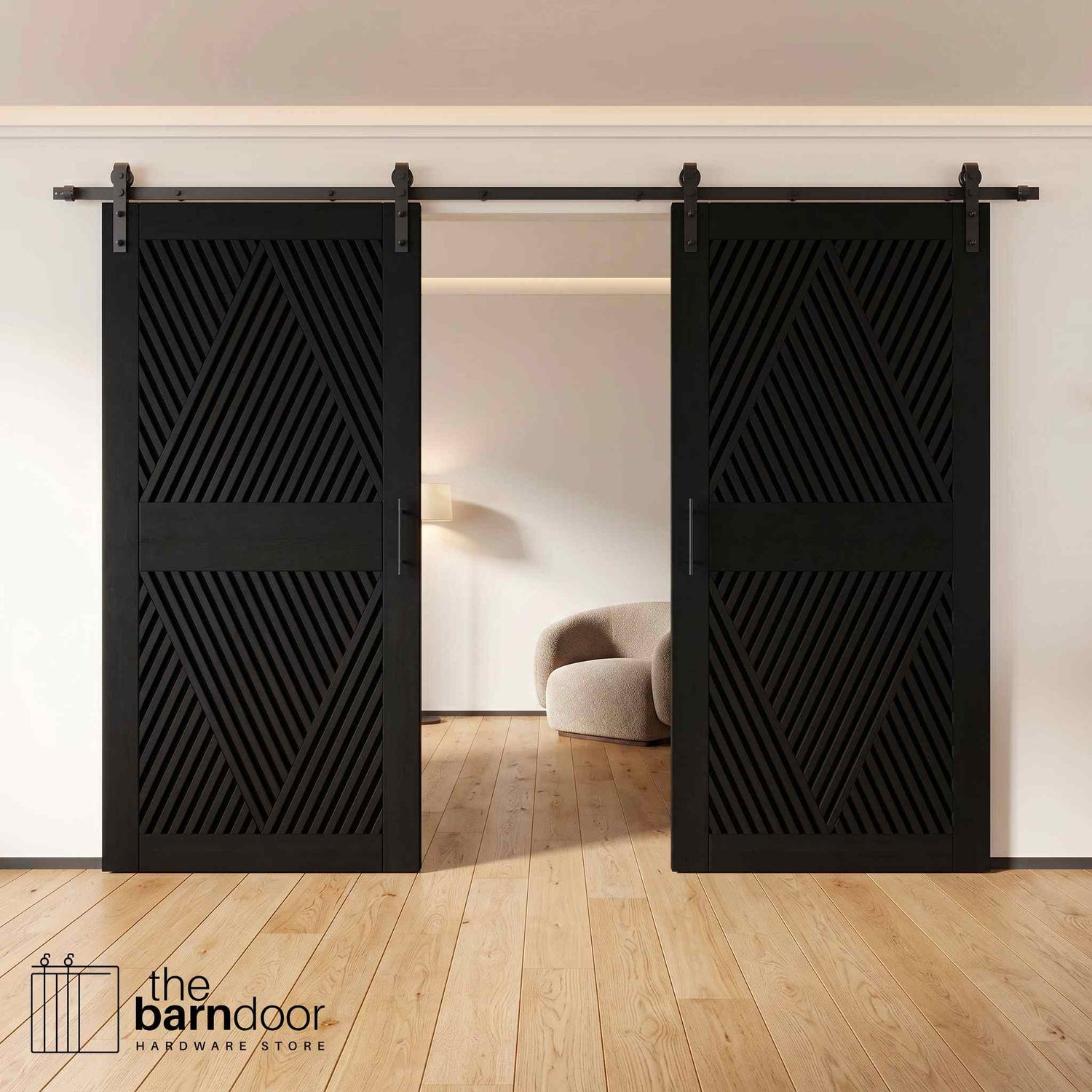 Two fully closed double barn doors in a black finish, featuring a bold, intricate diamond slat pattern. The doors are installed with black sliding hardware against a white wall, revealing a modern linear fireplace in the space behind them.