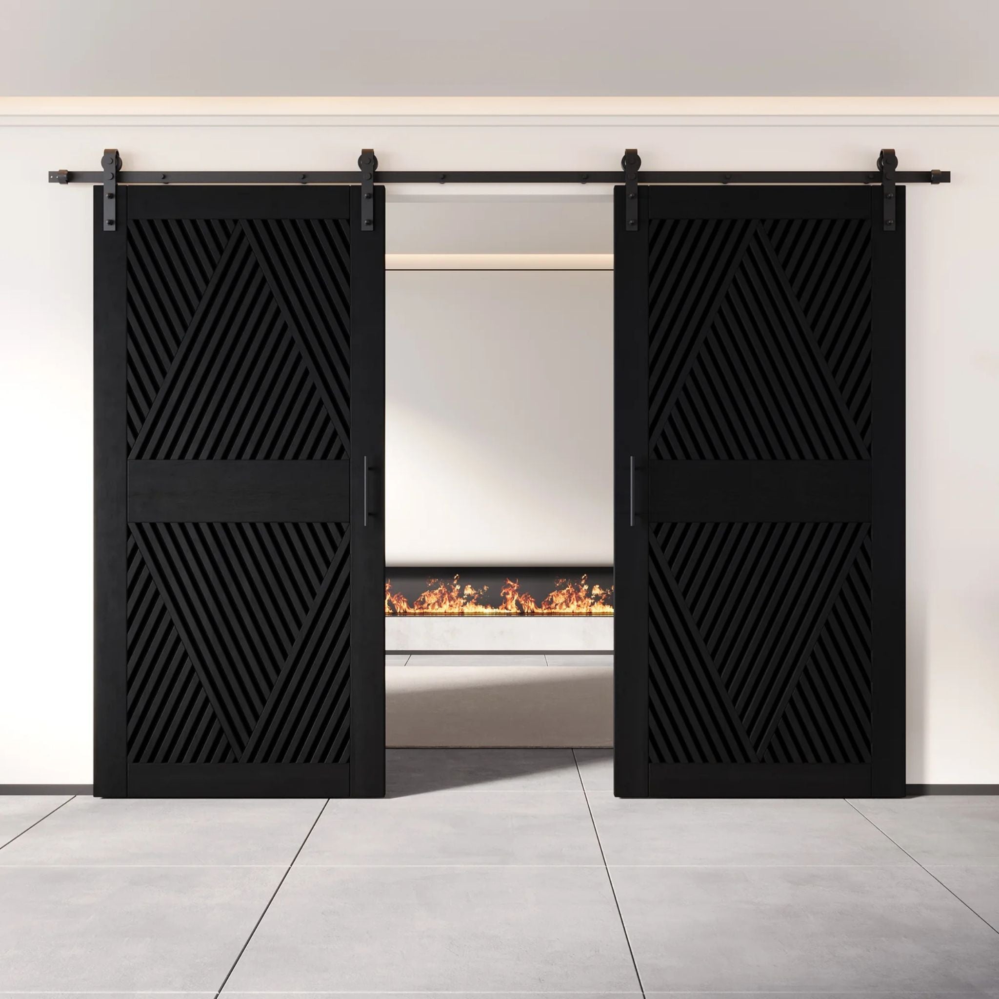 Two fully closed double barn doors in a black finish, featuring a bold, intricate diamond slat pattern. The doors are installed with black sliding hardware against a white wall, revealing a modern linear fireplace in the space behind them.