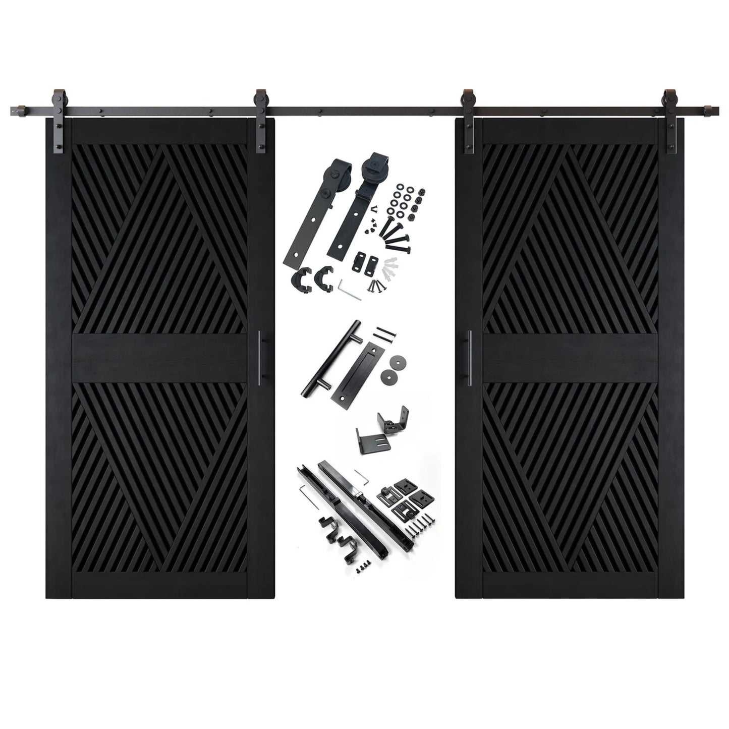A complete double barn door kit featuring two black doors with an intricate diamond slat pattern. The black sliding track, rollers, handle, and all mounting components are displayed in the center between the two doors.