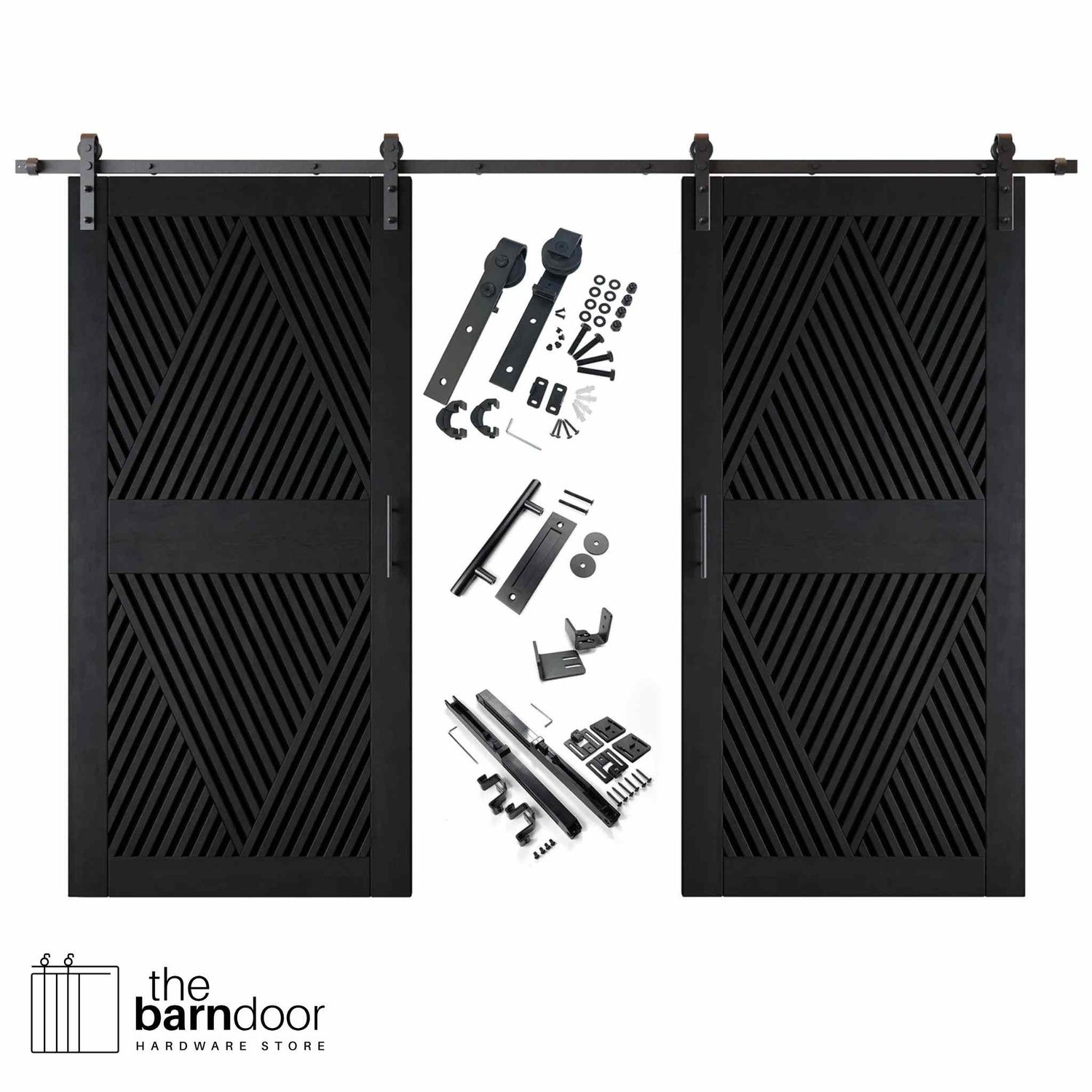 A complete double barn door kit featuring two black doors with an intricate diamond slat pattern. The black sliding track, rollers, handle, and all mounting components are displayed in the center between the two doors.