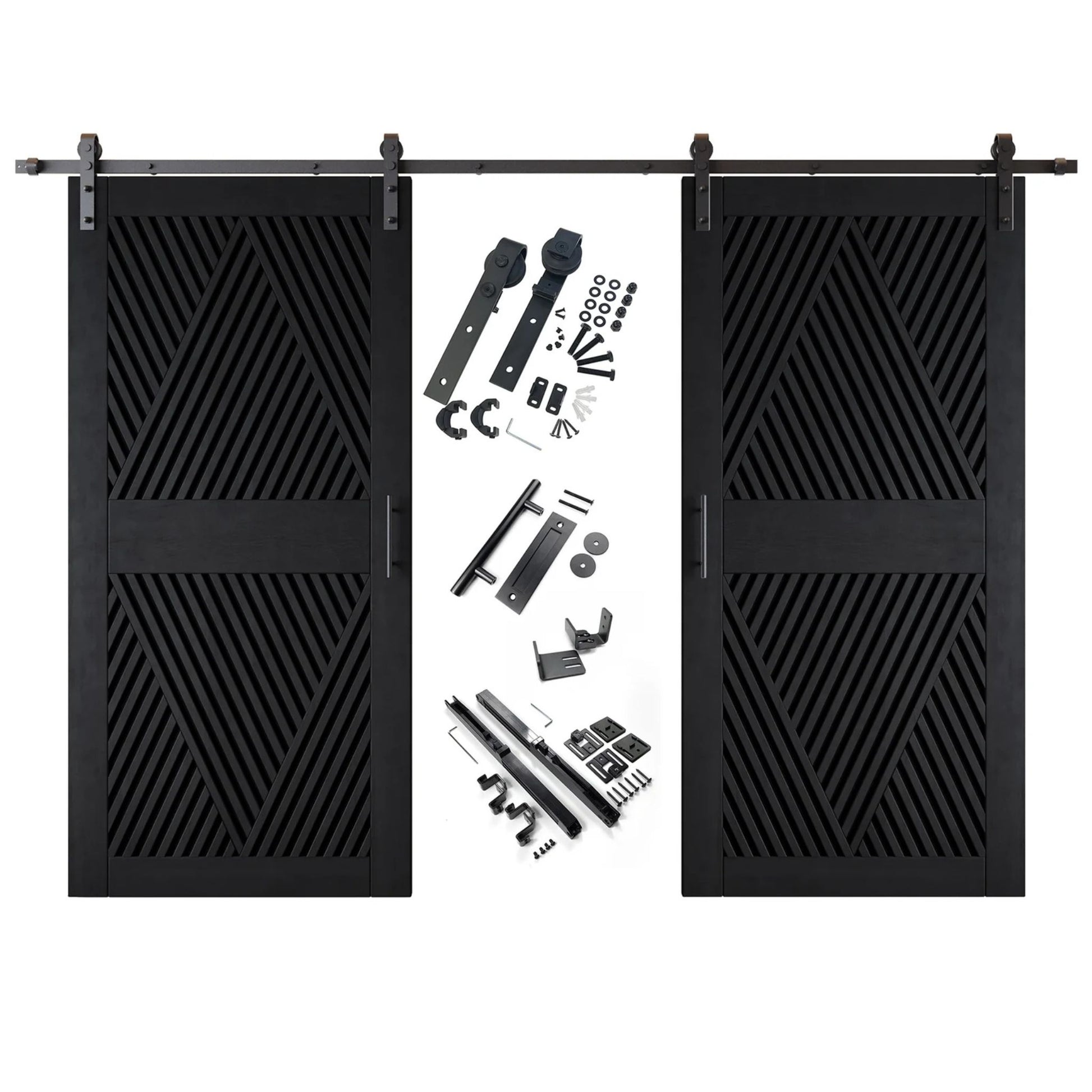A complete double barn door kit featuring two black doors with an intricate diamond slat pattern. The black sliding track, rollers, handle, and all mounting components are displayed in the center between the two doors.