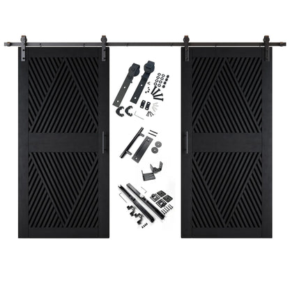 A complete double barn door kit featuring two black doors with an intricate diamond slat pattern. The black sliding track, rollers, handle, and all mounting components are displayed in the center between the two doors.