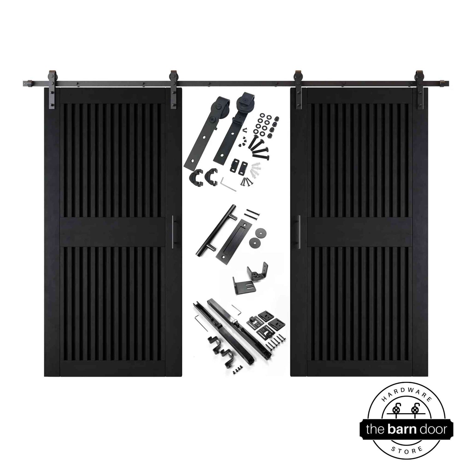 Black vertical slat barn door set with hardware components on a white background