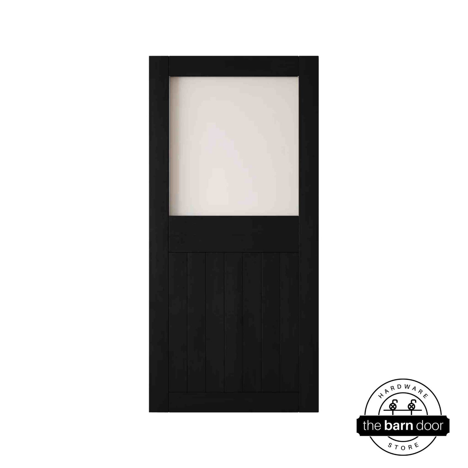 Black wooden half-lite frosted glass barn door with horizontal slats on a white background