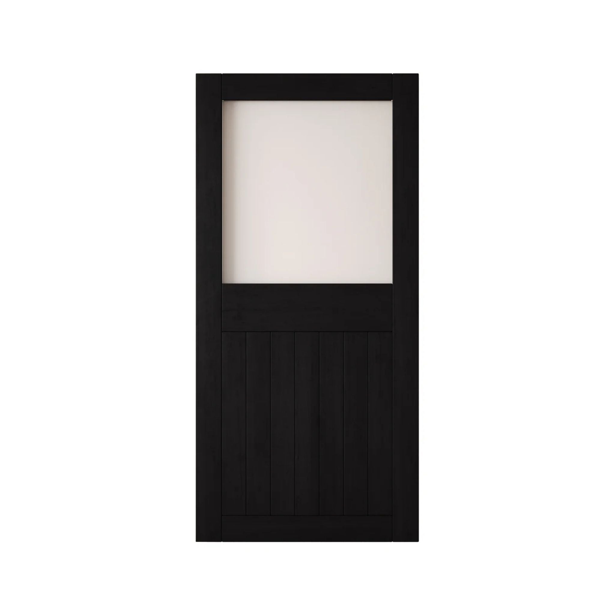Black wooden half-lite frosted glass barn door with horizontal slats on a white background