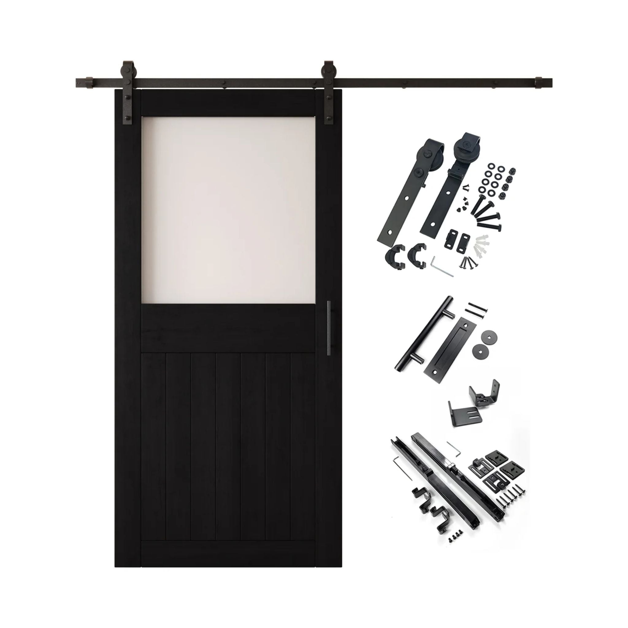 Black half-lite barn door kit with wooden door, hardware, and components on a white background