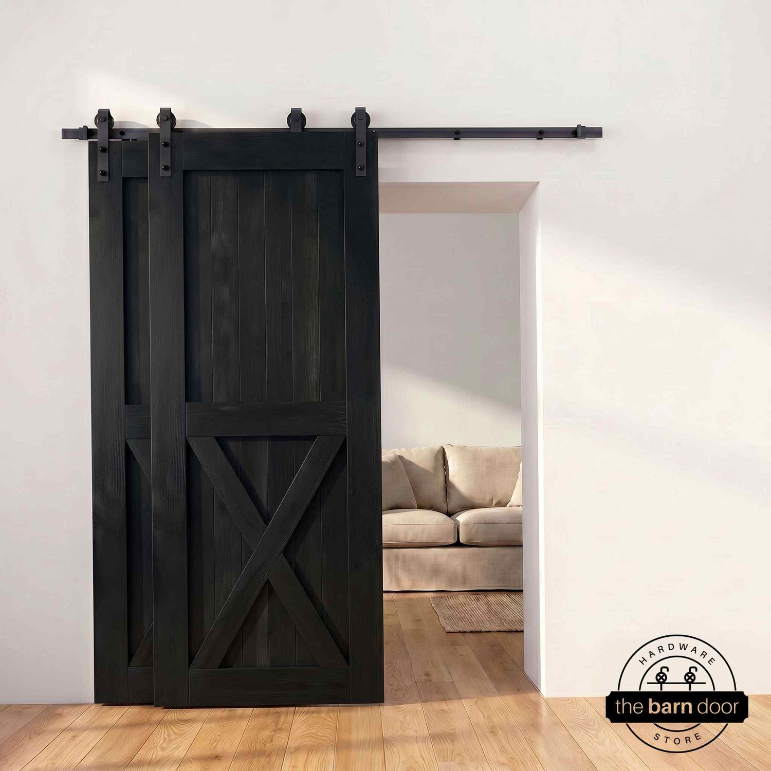 Half-X barn door in black stain with matte black single bypass sliding hardware
