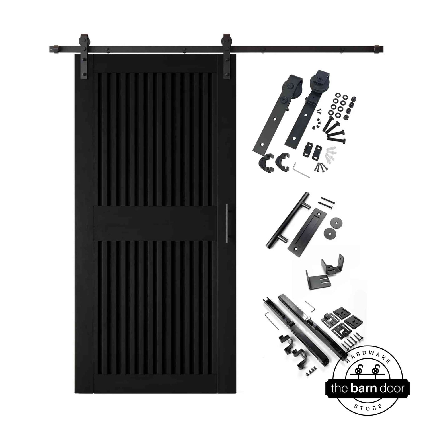 Black barn door kit with wooden door, hardware, and installation parts on a white background