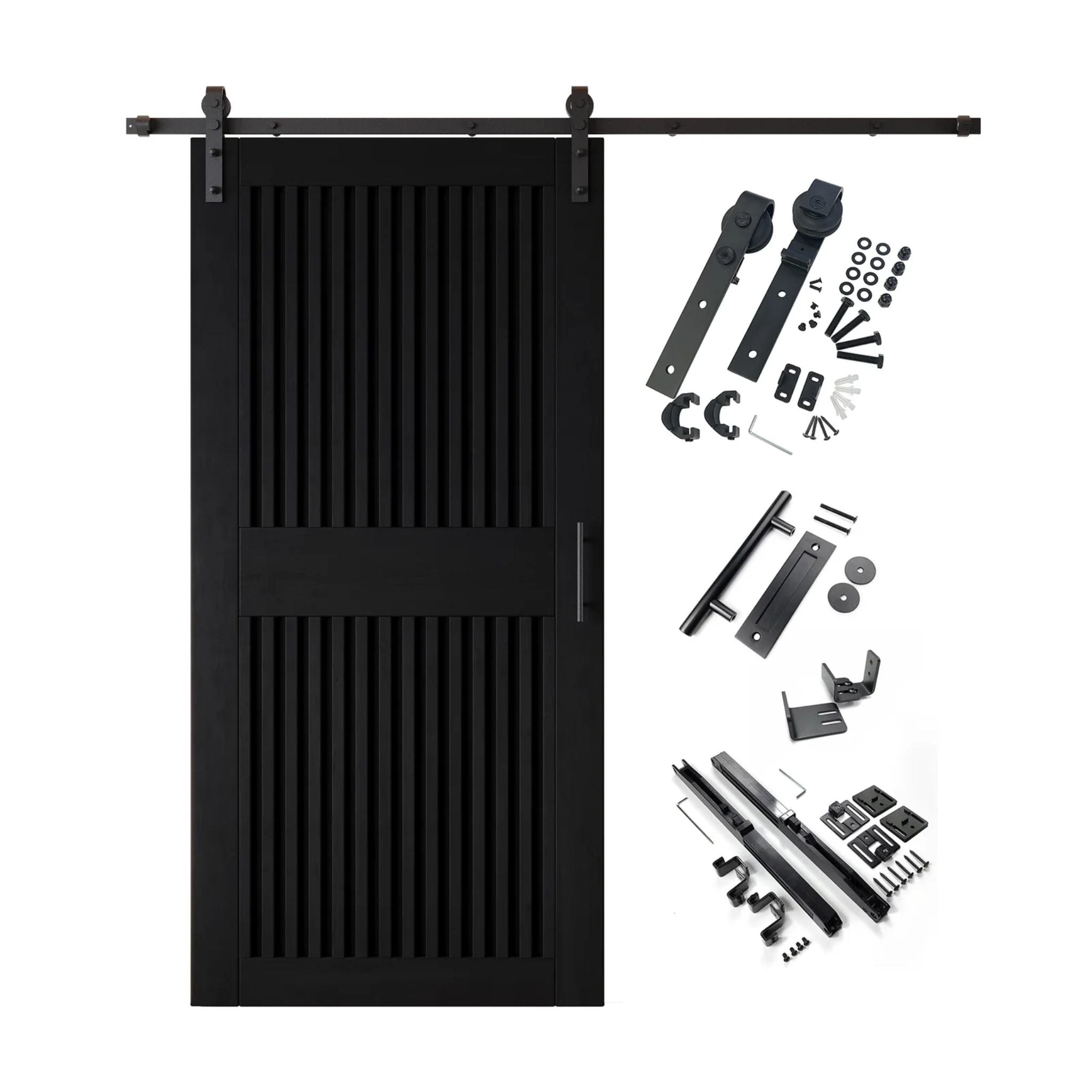 Black barn door kit with wooden door, hardware, and installation parts on a white background