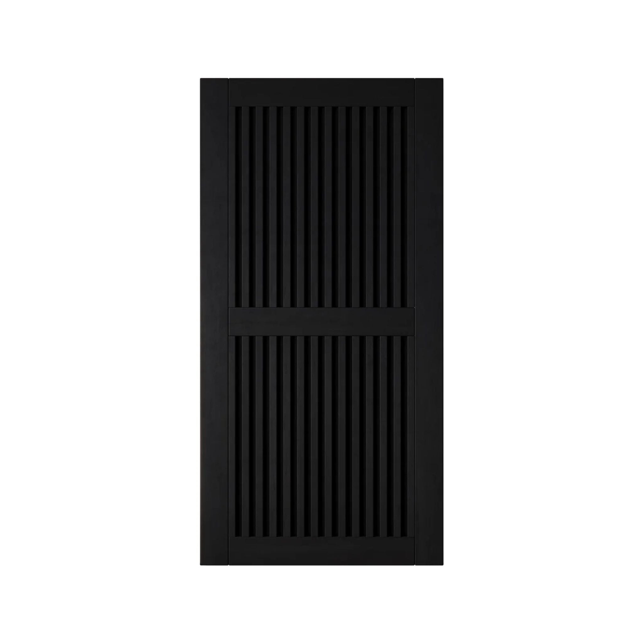 Black wooden door with slatted design on a white background