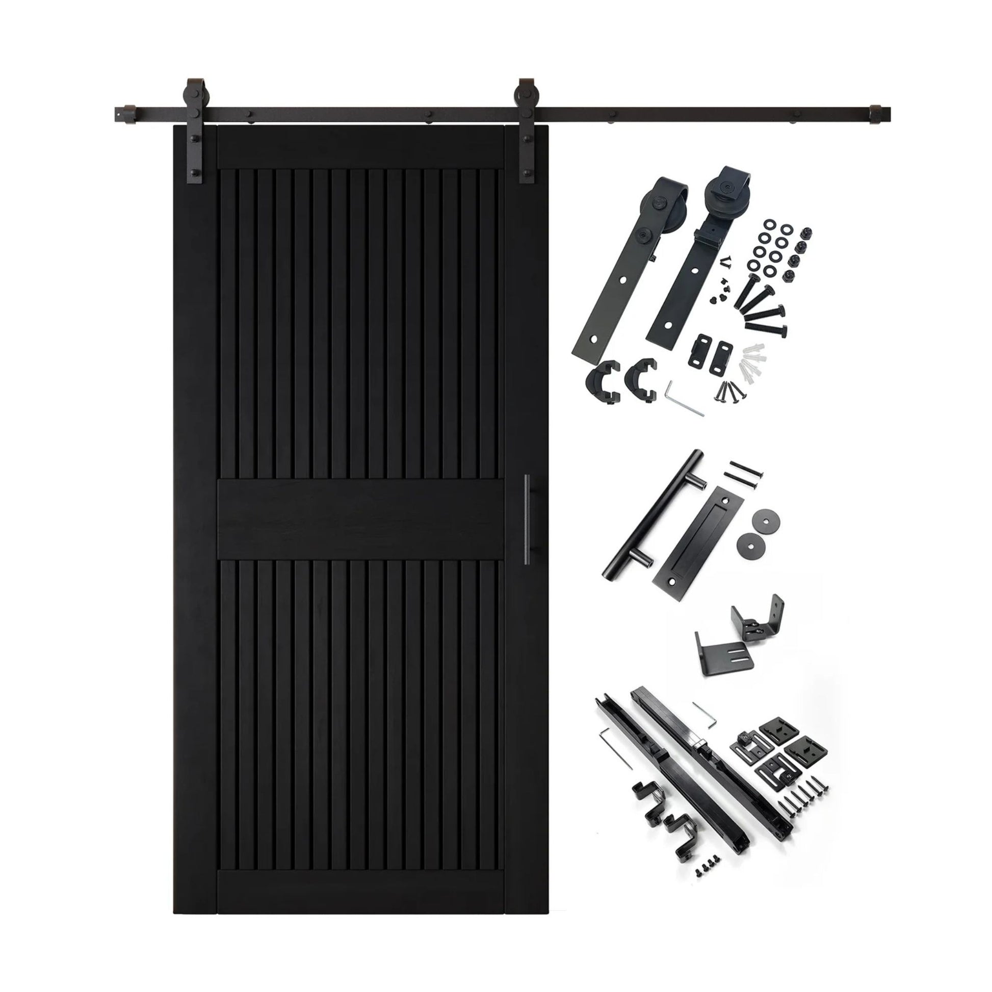 A complete barn door hardware kit featuring a black vertical plank barn door with a horizontal middle rail, black sliding track, rollers, handle, and all mounting components displayed next to the door.