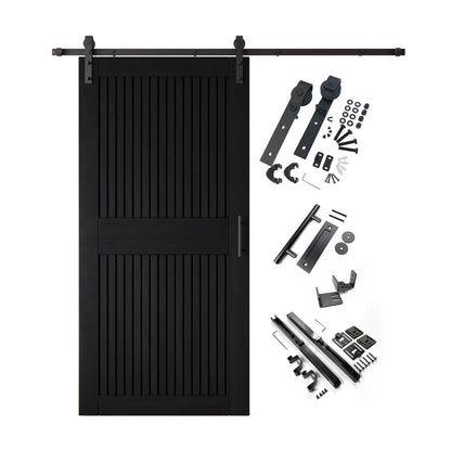 A complete barn door hardware kit featuring a black vertical plank barn door with a horizontal middle rail, black sliding track, rollers, handle, and all mounting components displayed next to the door.