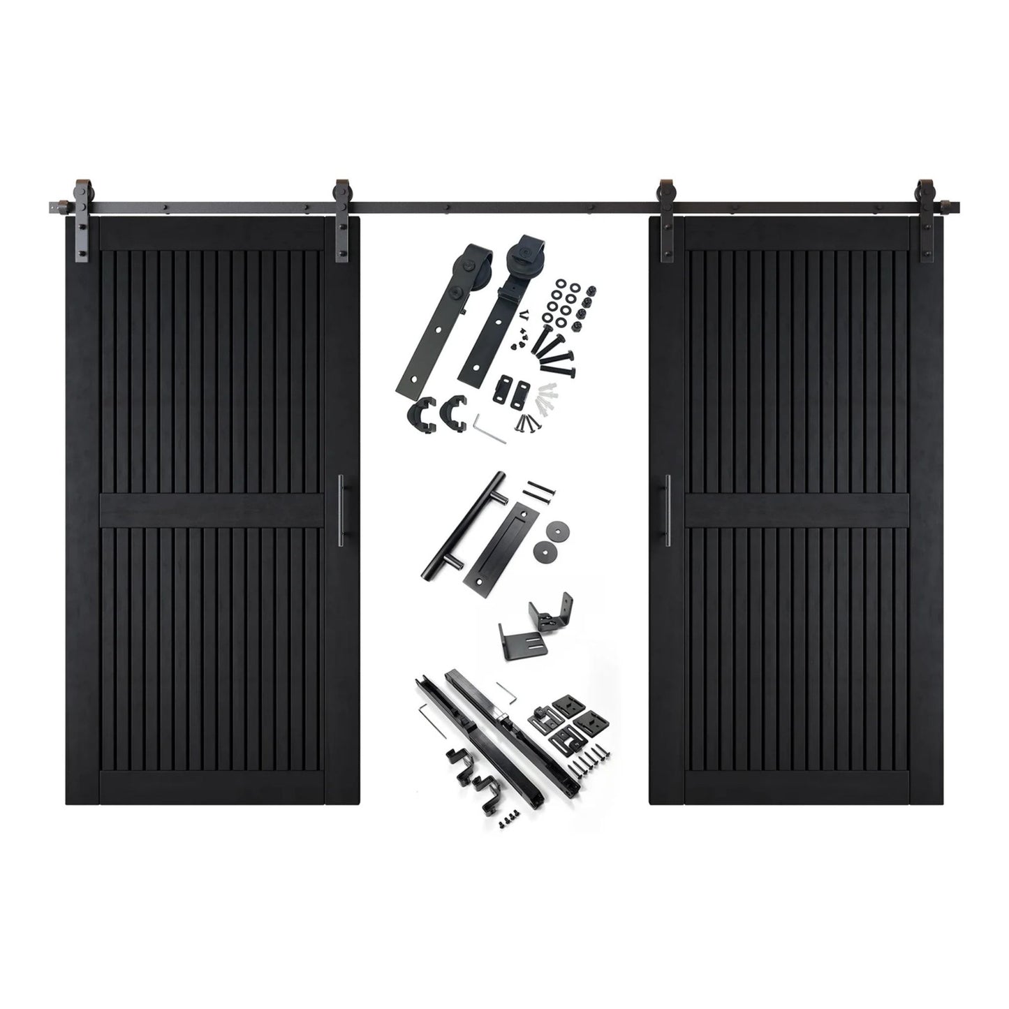 A complete double barn door kit featuring two black-stained vertical slat doors with horizontal middle rails, black sliding track, rollers, handles, and all mounting components displayed in the center.