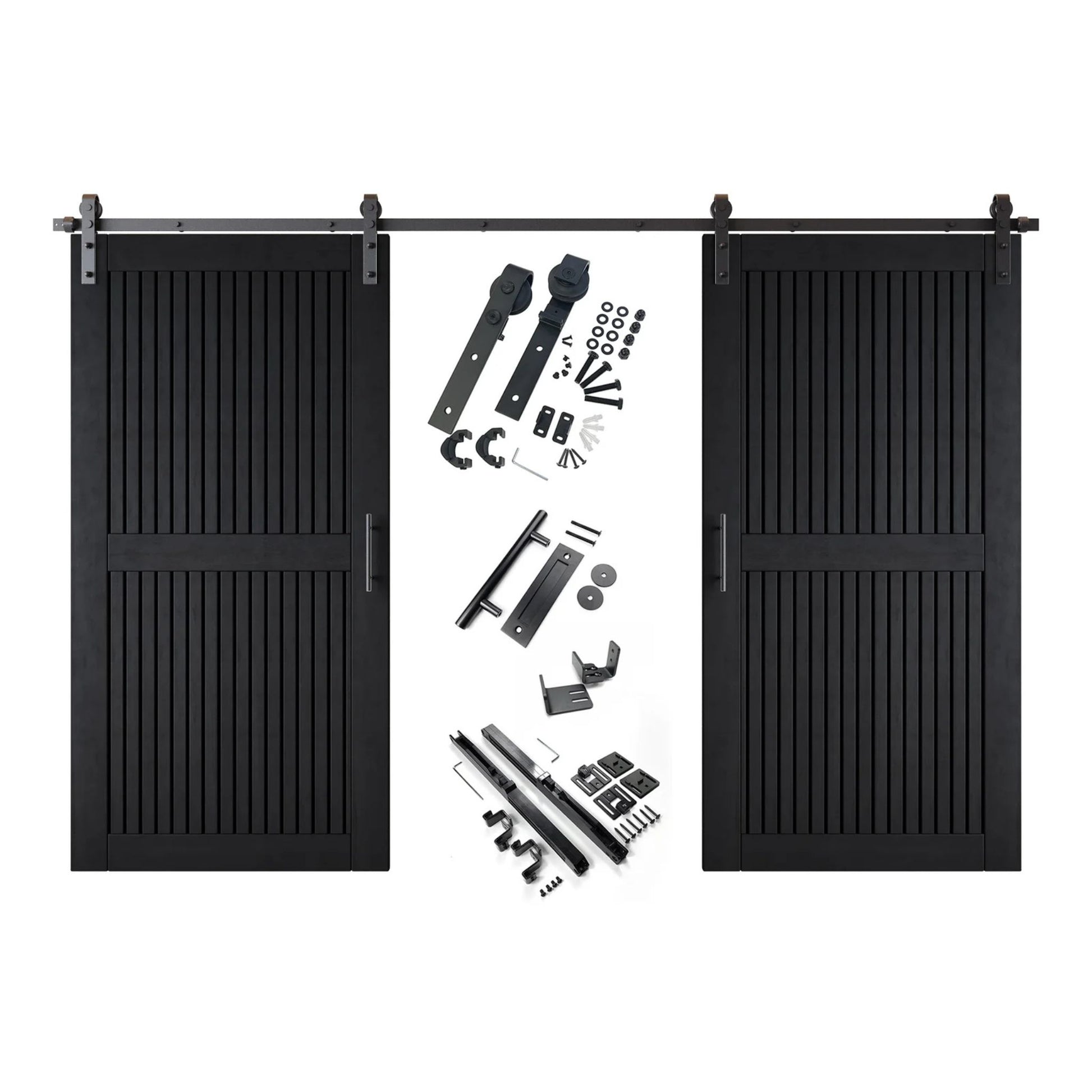 A complete double barn door kit featuring two black-stained vertical slat doors with horizontal middle rails, black sliding track, rollers, handles, and all mounting components displayed in the center.