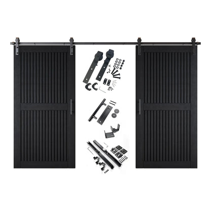 A complete double barn door kit featuring two black-stained vertical slat doors with horizontal middle rails, black sliding track, rollers, handles, and all mounting components displayed in the center.