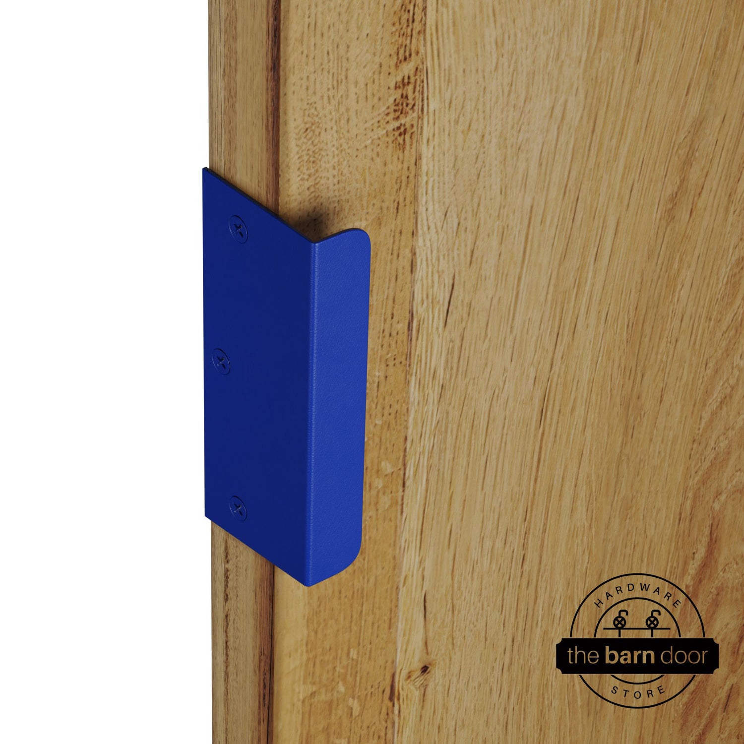 Blue sliding barn door edge pull handle on natural wood door edge