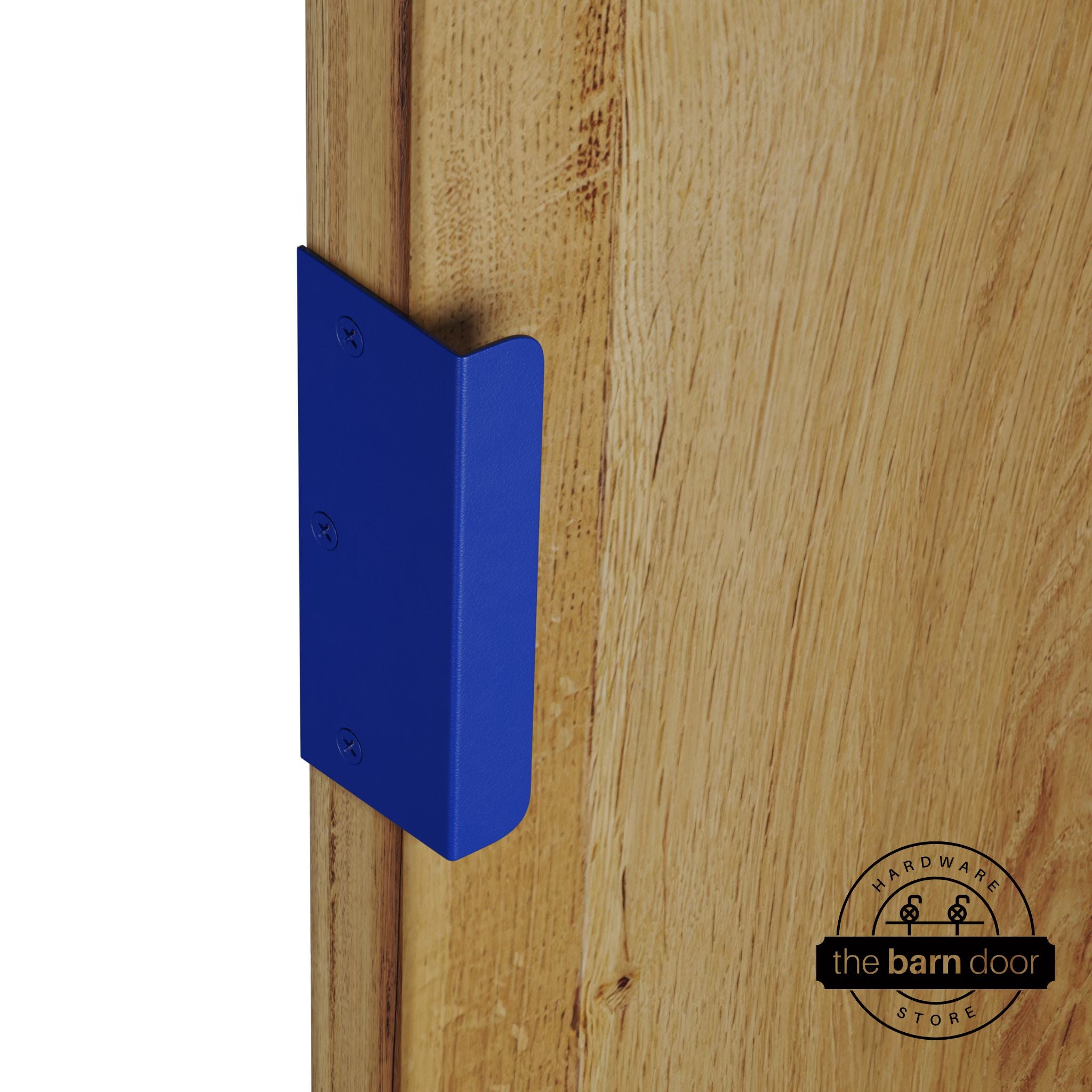 Blue sliding barn door edge pull handle on natural wood door edge