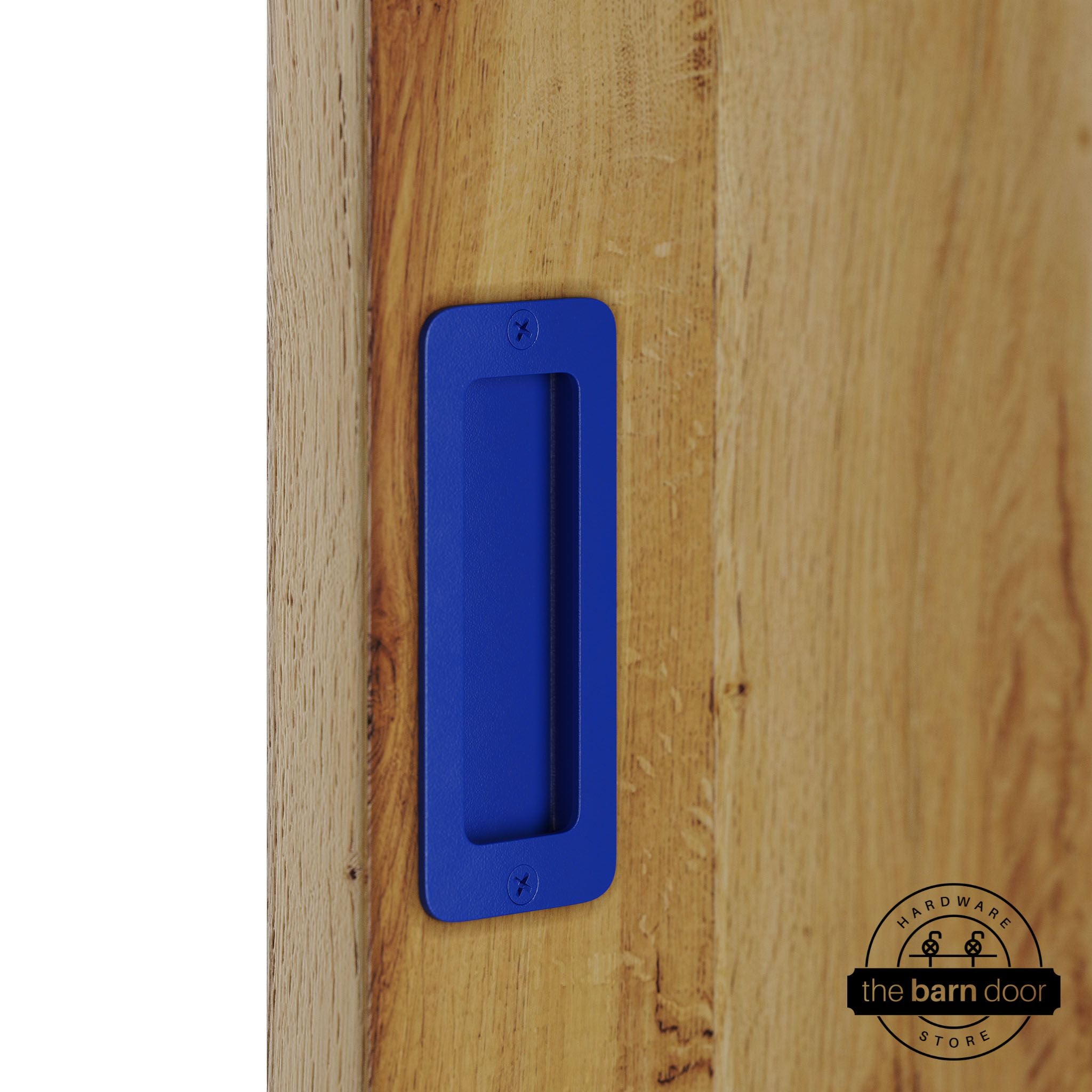 Blue partial radius flush pull handle for sliding barn doors, installed on natural wood door panel
