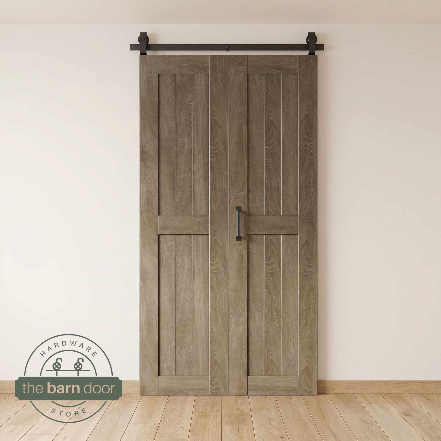 Two-panel bifold barn door in Classic Gray finish, installed and fully closed in a modern interior, showing the top-mount Matte Black track.