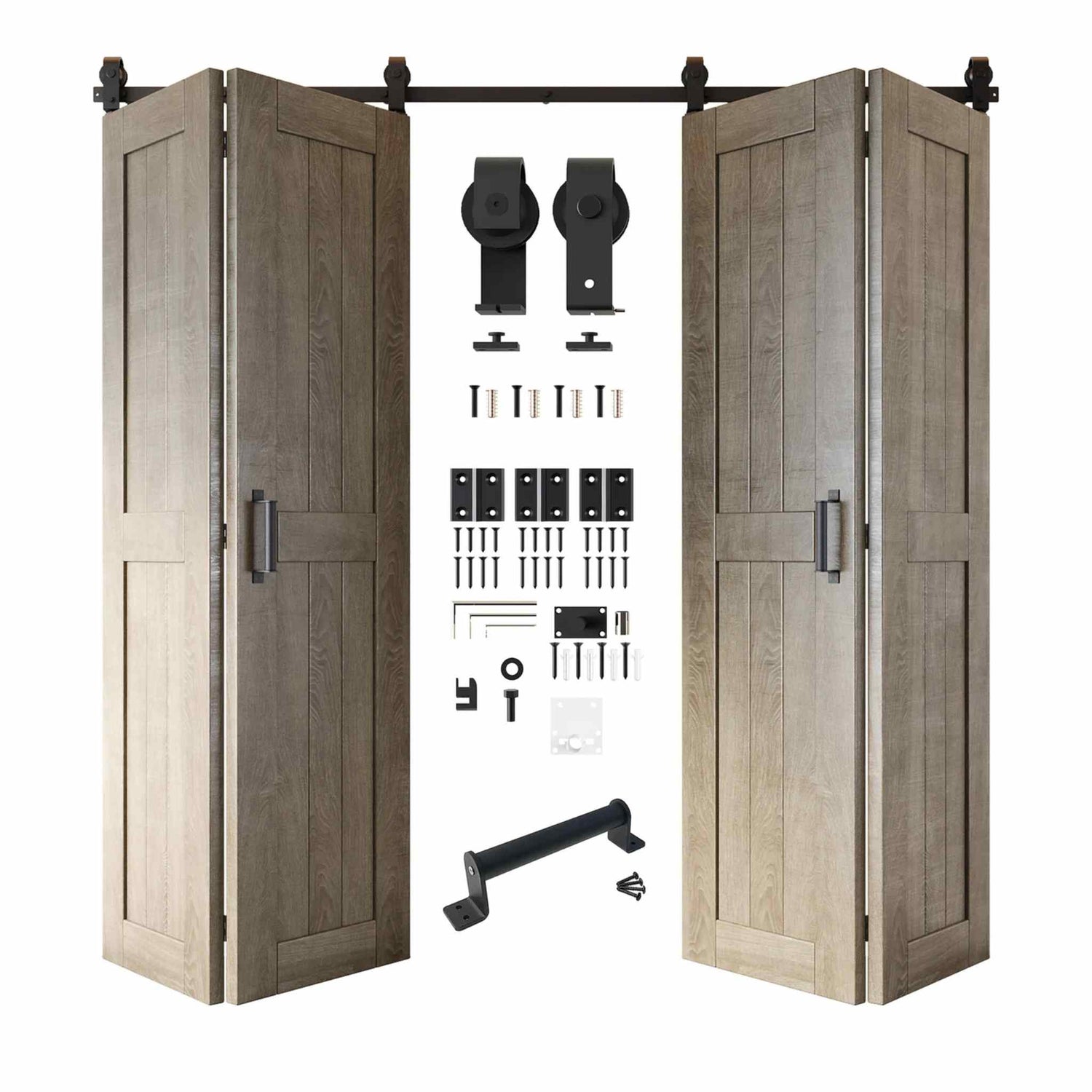 Full kit contents: Four open and partially folded classic gray bifold door panels shown with all accompanying Matte Black top-mount hardware components.