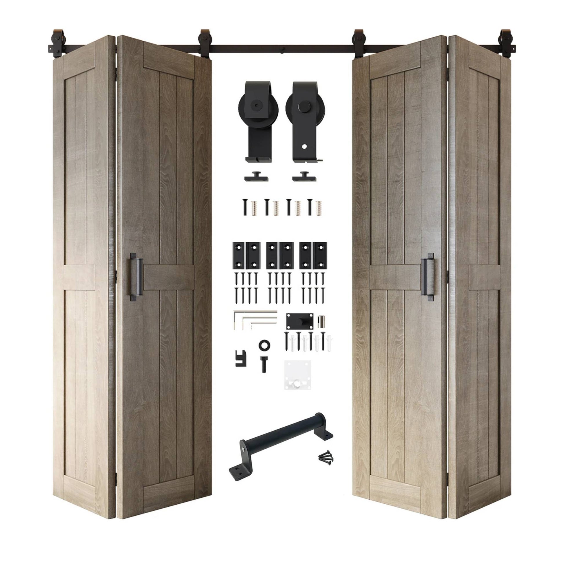 Full kit contents: Four open and partially folded classic gray bifold door panels shown with all accompanying Matte Black top-mount hardware components.