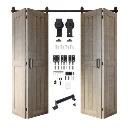 Full kit contents: Four open and partially folded classic gray bifold door panels shown with all accompanying Matte Black top-mount hardware components.