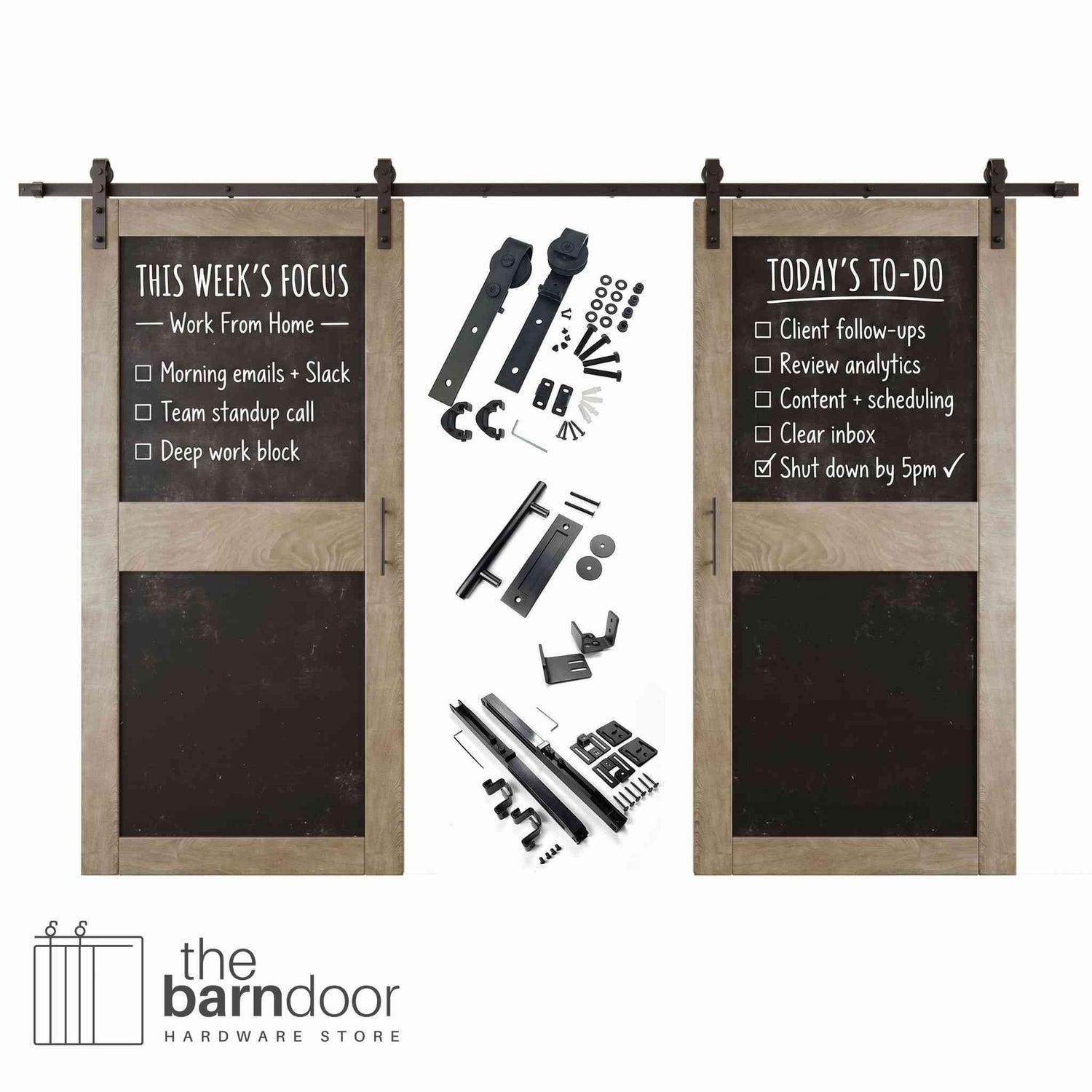 Classic gray barn door set with black chalkboard panels and hardware components on a white background