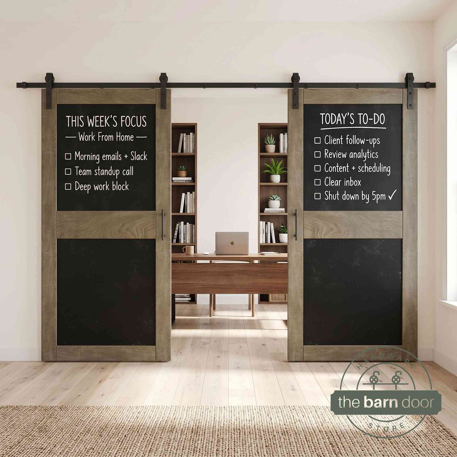 Classic gray barn doors with black chalkboard surfaces in a modern interior setting