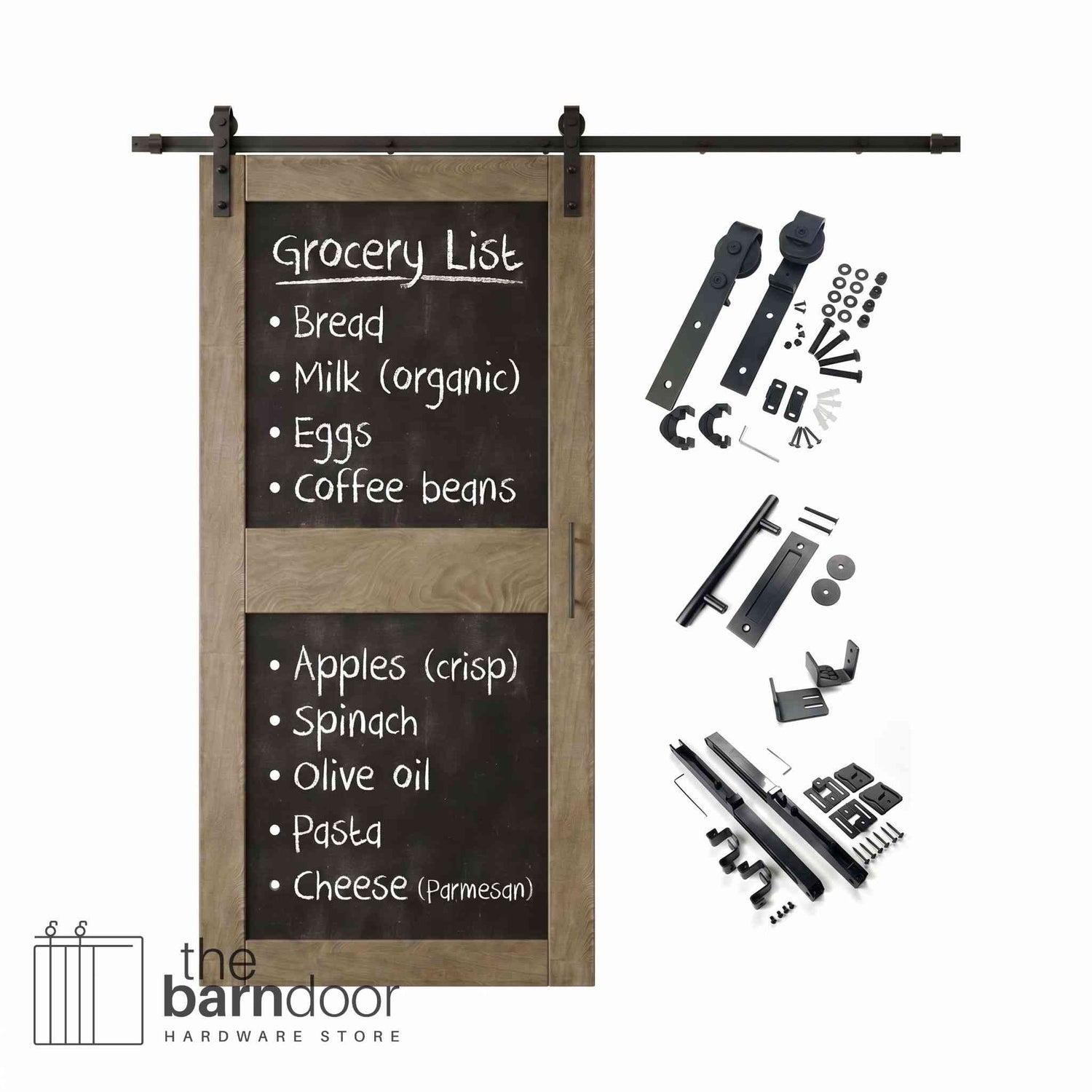 Classic gray barn door kit with black chalkboard surface and hardware components on a white background