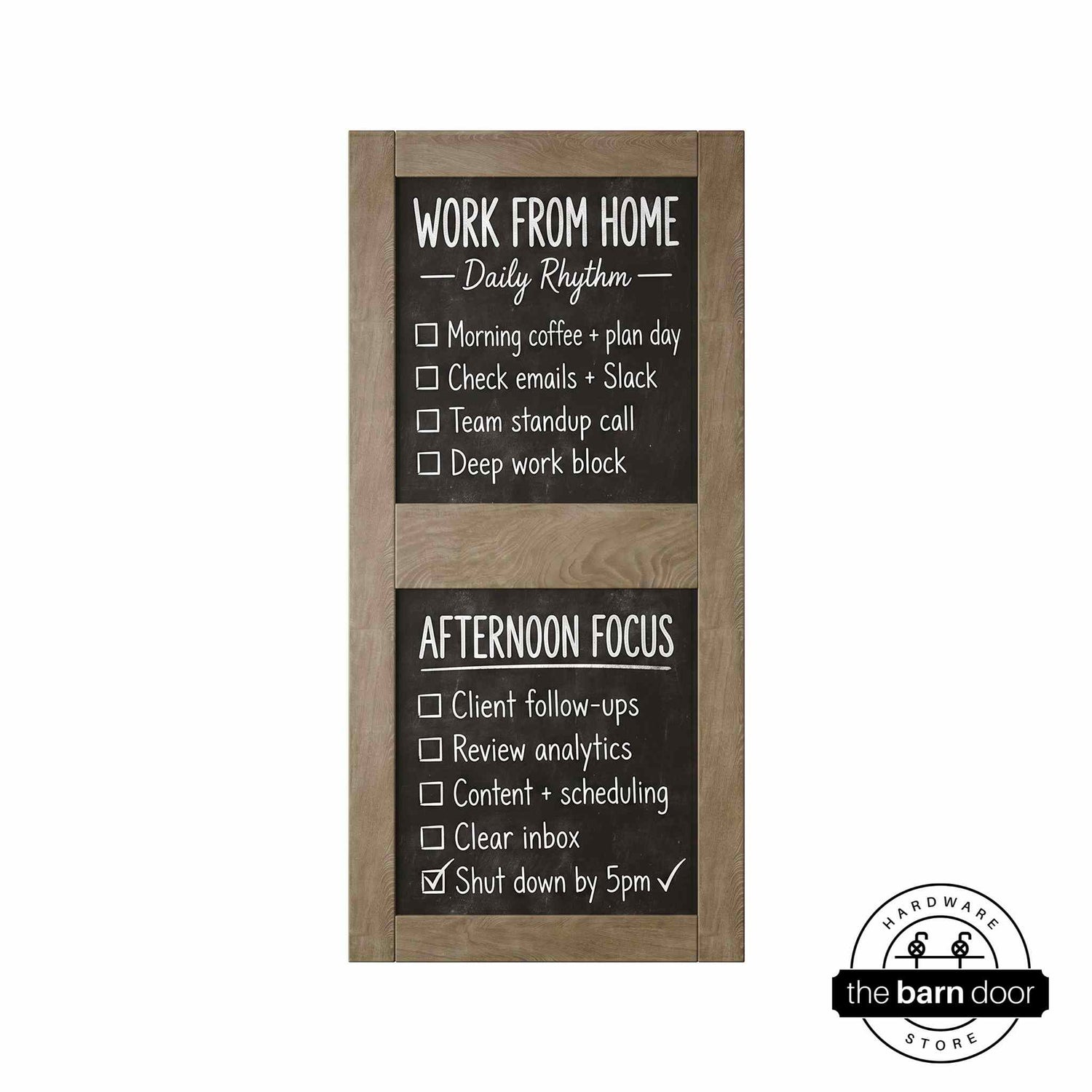 Front view of a vertical classic gray chalkboard door with two panels.