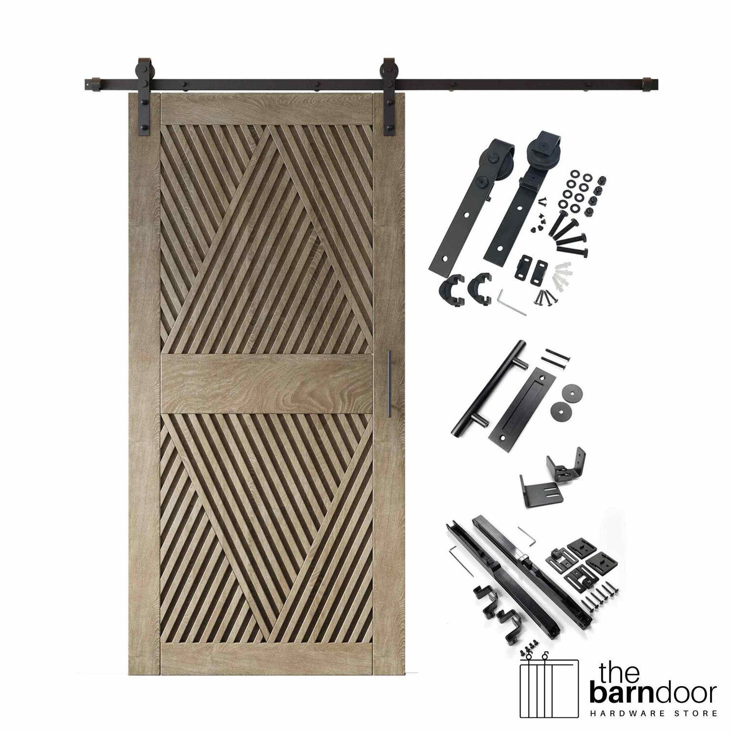 A complete barn door hardware kit featuring a striking classic gray barn door with an intricate, open diamond slat pattern, black sliding track, rollers, handle, and all mounting components displayed next to the door.