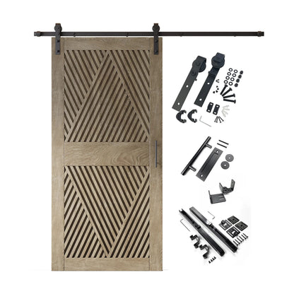 A complete barn door hardware kit featuring a striking classic gray barn door with an intricate, open diamond slat pattern, black sliding track, rollers, handle, and all mounting components displayed next to the door.