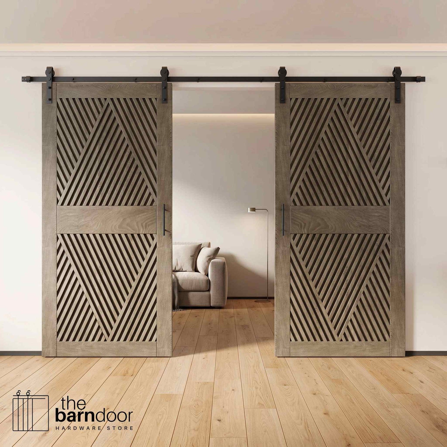 Two fully closed double barn doors in a classic gray finish, featuring a bold, intricate diamond slat pattern. The doors are installed with black sliding hardware against a white wall, revealing a modern linear fireplace in the space behind them.