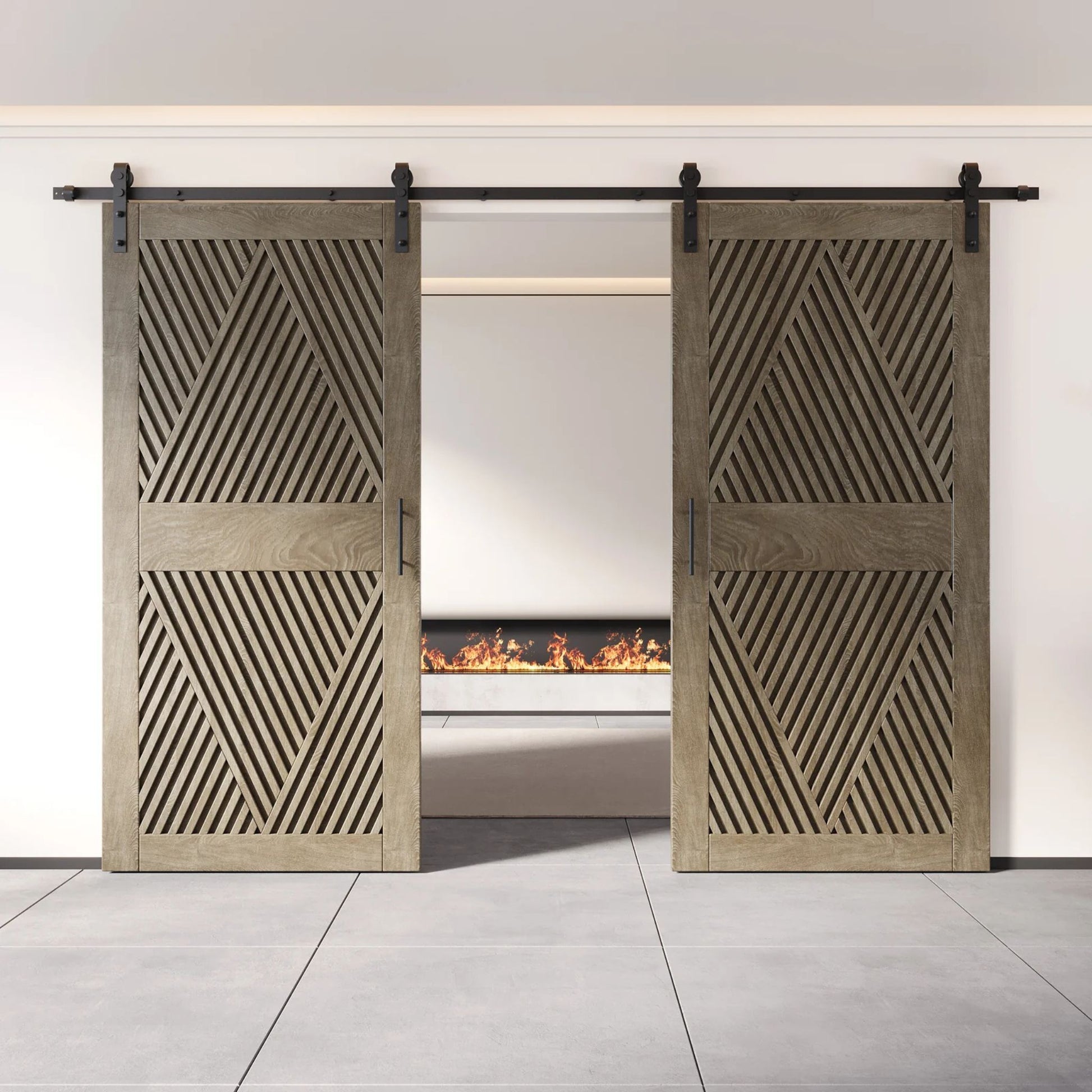 Two fully closed double barn doors in a classic gray finish, featuring a bold, intricate diamond slat pattern. The doors are installed with black sliding hardware against a white wall, revealing a modern linear fireplace in the space behind them.