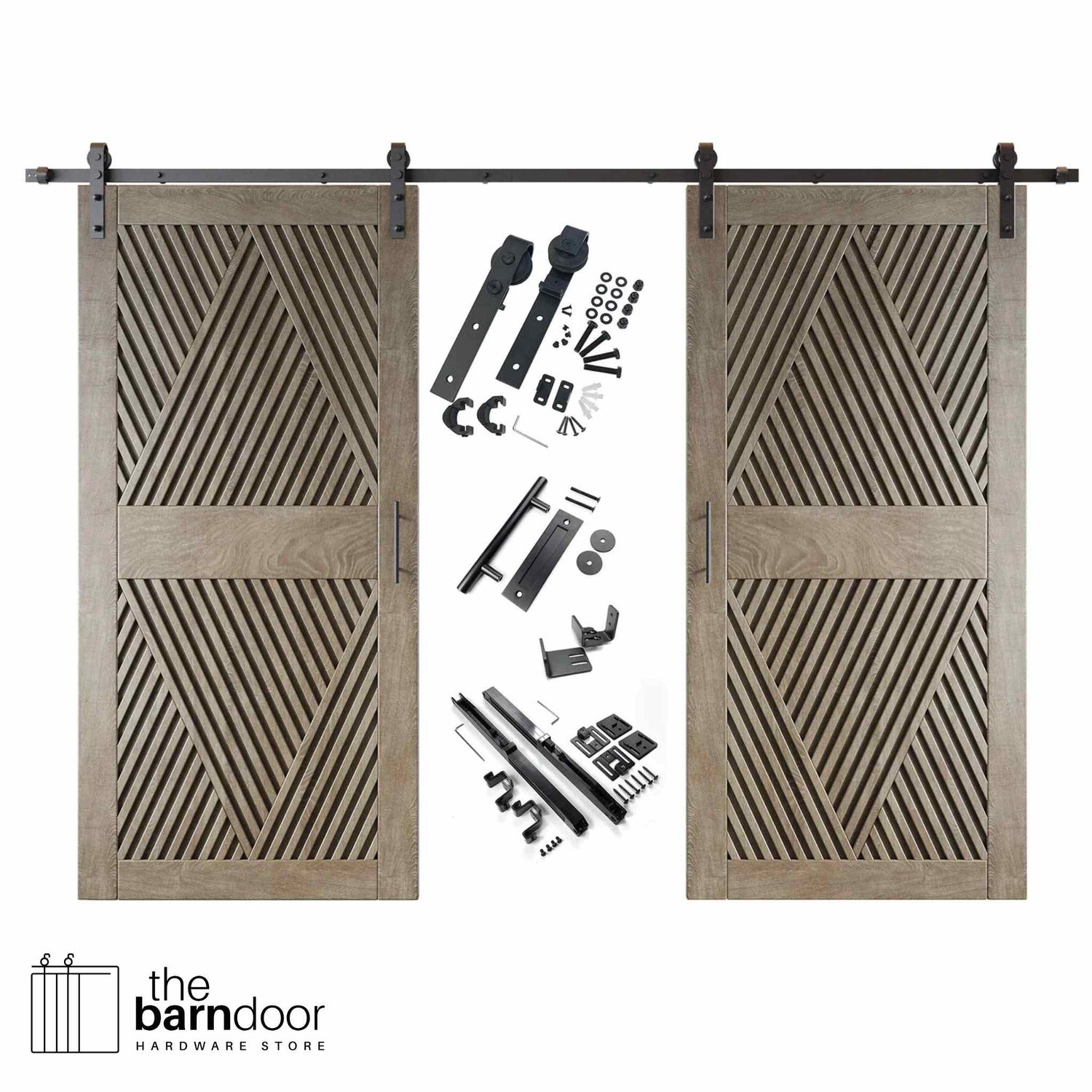 A complete double barn door kit featuring two classic gray doors with an intricate diamond slat pattern. The black sliding track, rollers, handle, and all mounting components are displayed in the center between the two doors.