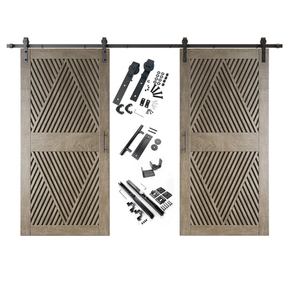 A complete double barn door kit featuring two classic gray doors with an intricate diamond slat pattern. The black sliding track, rollers, handle, and all mounting components are displayed in the center between the two doors.