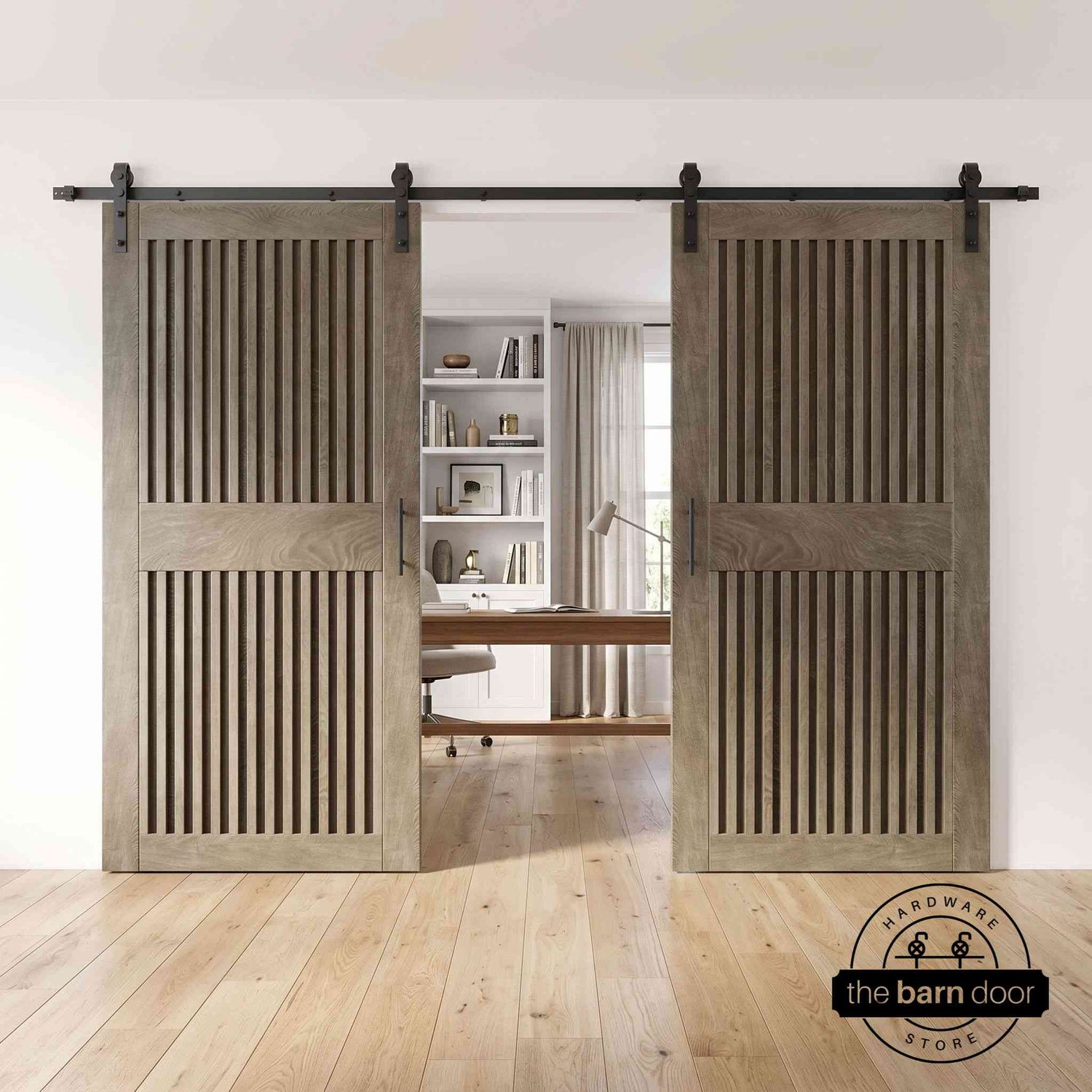 Wooden sliding doors with a modern interior setting