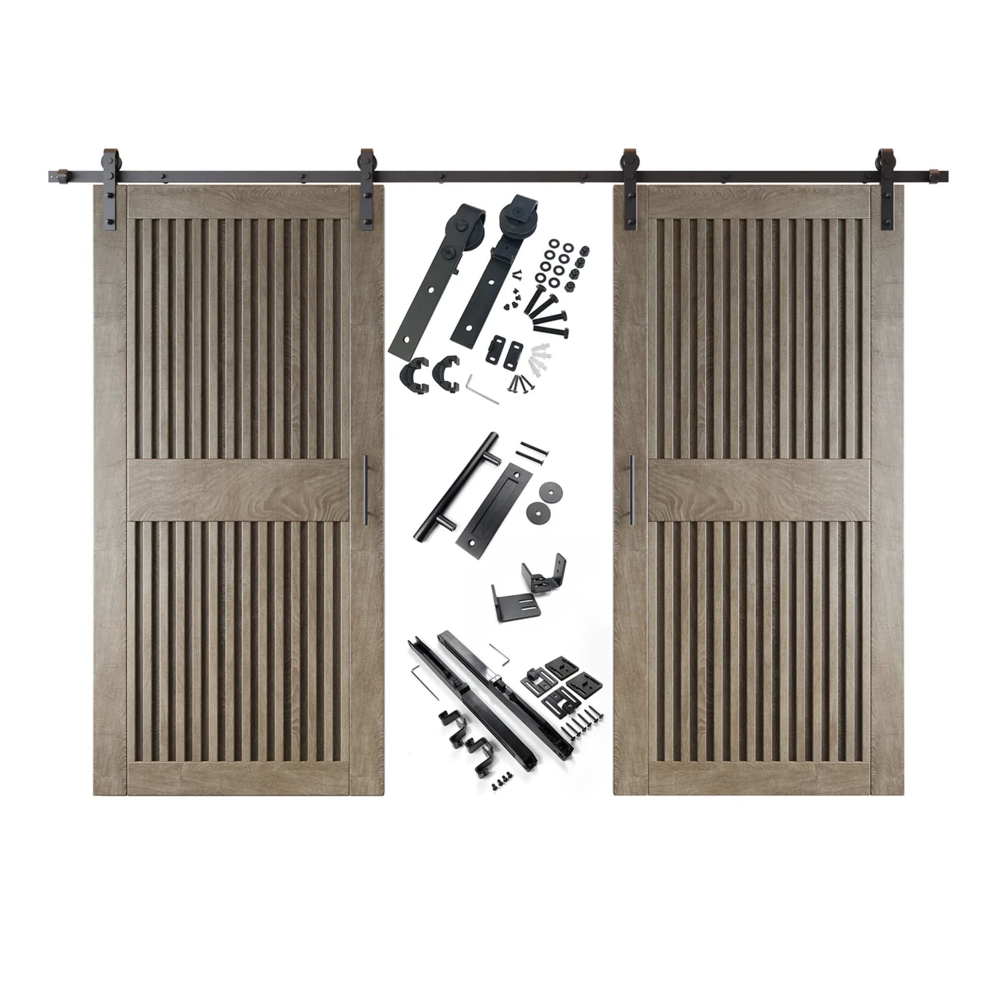 Classic gray vertical slat barn door set with hardware components on a white background