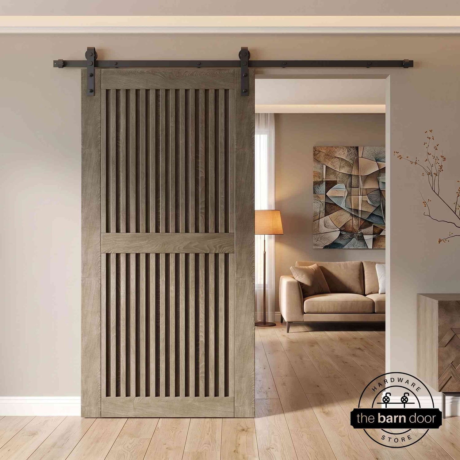 Classic gray wooden sliding door in a modern interior setting with a fireplace.