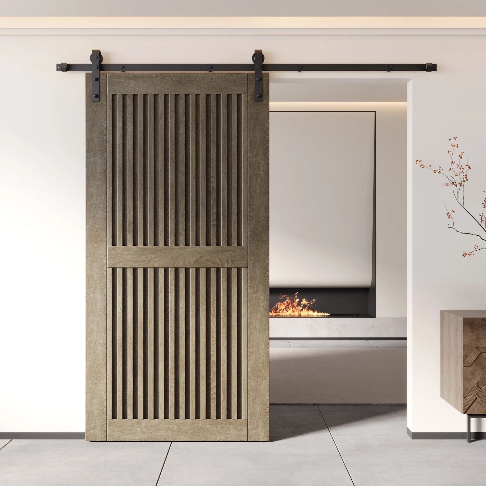 Classic gray wooden sliding door in a modern interior setting with a fireplace.