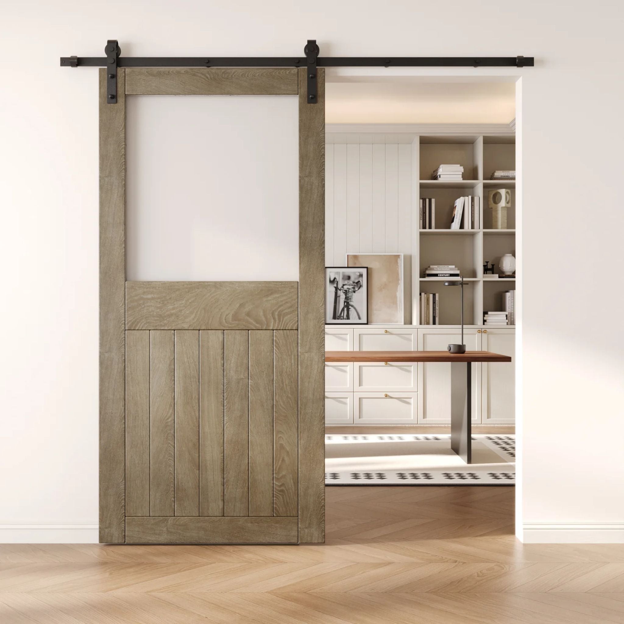 Classic Gray sliding half-lite frosted glass barn door in a modern interior setting with a desk and shelves.