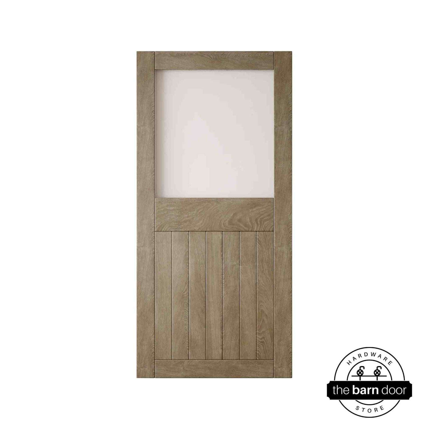 Classic gray wooden half-lite frosted glass barn door with horizontal slats on a white background