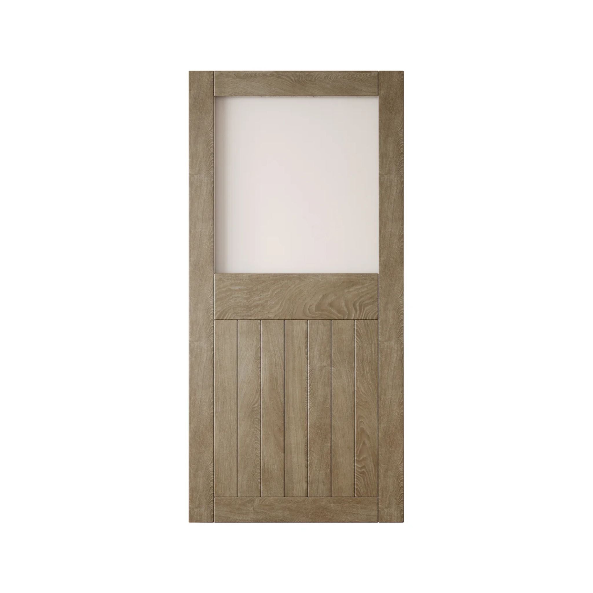 Classic gray wooden half-lite frosted glass barn door with horizontal slats on a white background