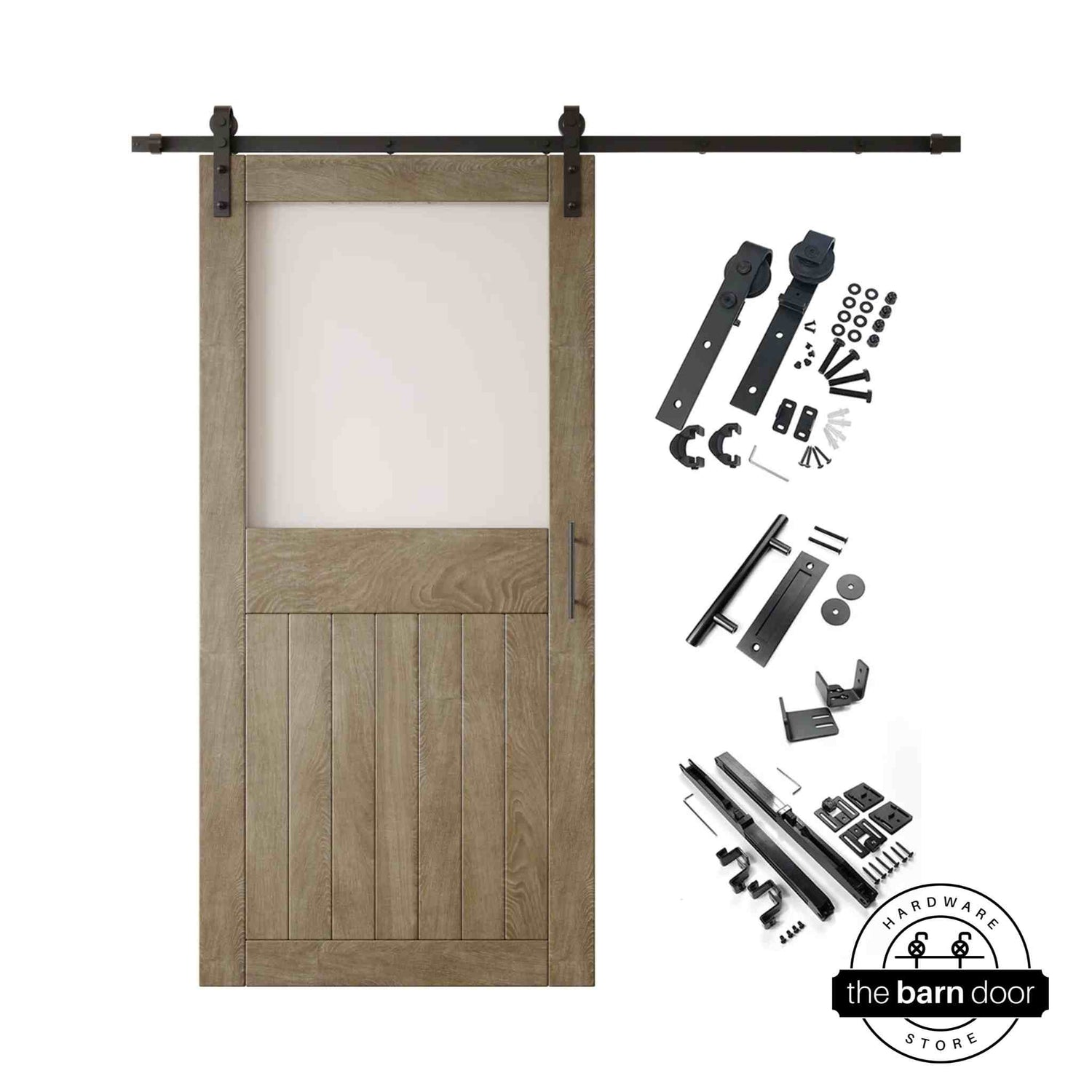 Classic gray half-lite barn door kit with wooden door, hardware, and components on a white background